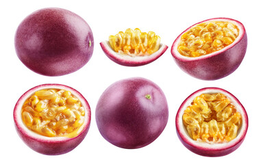 Set of six ripe passion fruit, whole and pieces, isolated on a white background. A collection of cut and whole passion fruit with shiny tasty pulp. - obrazy, fototapety, plakaty