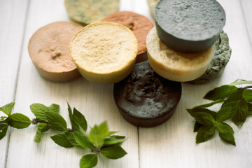 natural eco beauty handmade herbal soap. luffa sponge, clay for making facial or body mask