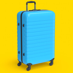 Large blue polycarbonate suitcase isolated on yellow background.