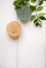 natural eco beauty handmade herbal soap. luffa sponge, clay for making facial or body mask
