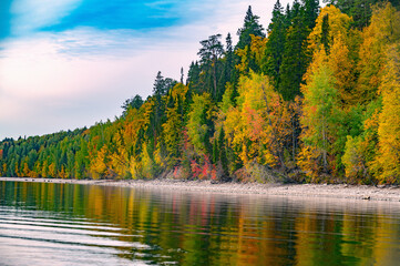 Fototapeta na wymiar Autumn landscape, bright colorful leaves on the rocky riverbank.