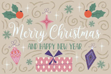 Christmas background retro banner with text merry christmas and gifts with curls.Cover with stars, snowflakes, toys and holly. Festive congratulations. Vector illustration.