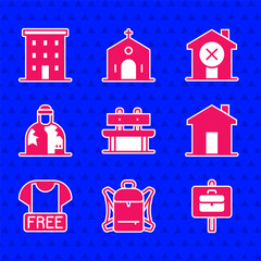 Set Bench, Hiking backpack, Work search, Real estate, Clothes donation, Homeless, No house and Multi storey building icon. Vector