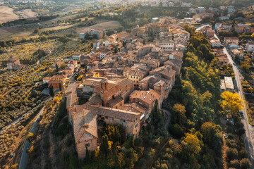 Skyline of the aerial view of famous spring water term town Chianciano Terme, Italy