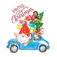 Watercolor illustration scandinavian gnome delivering gifts by car, christmas card, christmas print, christmas tree, garland