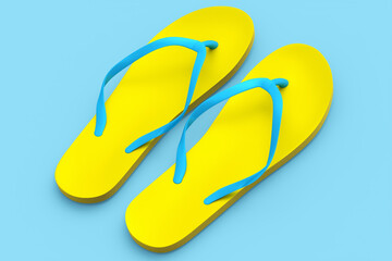 Beach yellow flip-flops or sandals isolated on blue background.