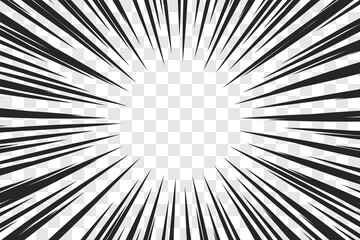 Obraz premium Manga action frame speed simple lines Motion radial lines isolated on transparent background Abstract explosive template banner Black and white monochrome vector retro illustration Comic book element