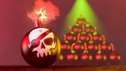 3d illustration of cannonball with painted pirate skull and burning wick on dark background