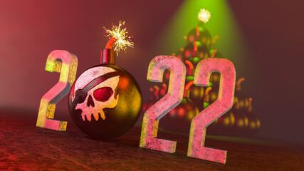 3d illustration of cannonball with painted pirate skull and burning wick on dark background