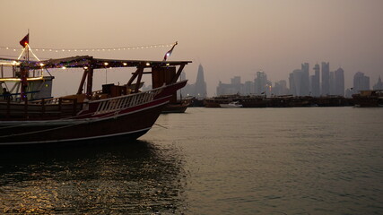 Boats with lights by Corniche, Qatar