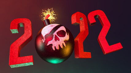3d illustration of cannonball with painted pirate skull and burning wick on dark background