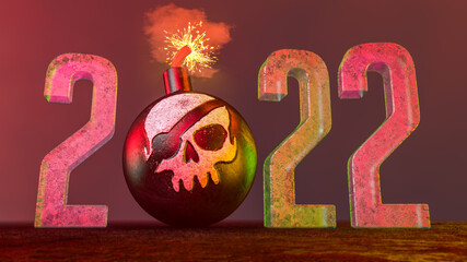 3d illustration of cannonball with painted pirate skull and burning wick on dark background