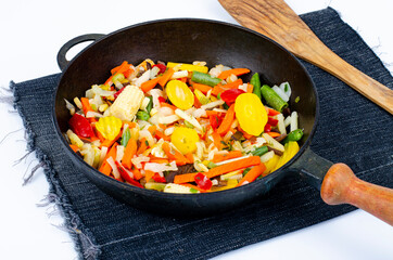 Seasonal vegetables platter in frying pan.Healthy food.Vegetarianism. Studio Photo.
