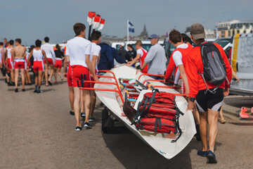 French Rowing Championship. Water Rowing boats with teams