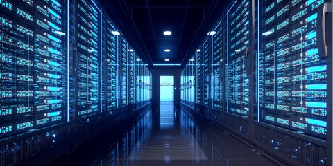 High capacity data center in operation. Multiple racks. Realistic 3D render.