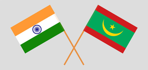 Crossed flags of India and Mauritania. Official colors. Correct proportion