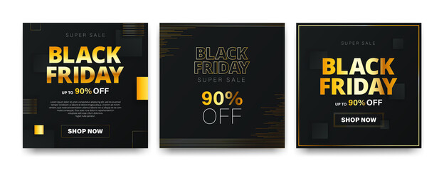 Set of banners for Black Friday in modern geometric style. Gold and black squares on a dark background. Lettering about a thematic sale, discounts, promotions. Social media post templates.