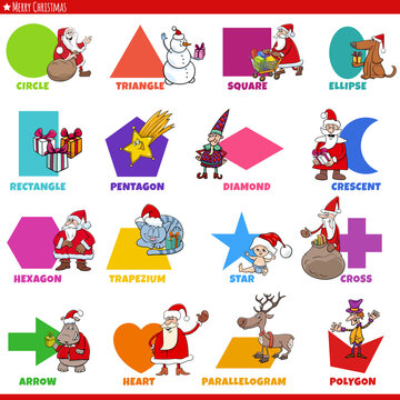 basic geometric shapes with cartoon Christmas characters set
