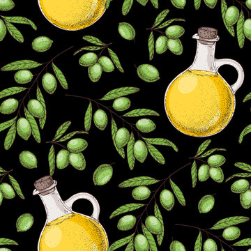 Olive branch, oil jug. Seamless pattern. Hand drawn vector illustration. Design template. Healthy food illustration. Olive oil pattern.
