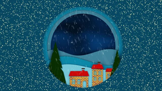 New Year. Festive New Year animation with sequins. In the composition there are houses, Christmas trees, falling snowflakes, flying clouds, there is a deer on the hill