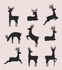 nine reindeer animals silhouettes