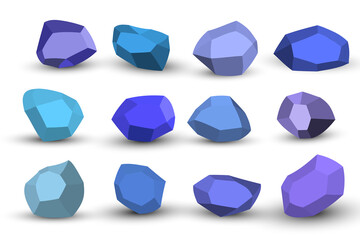 Cartoon blue stones. Rock stone isometric set. Colorful boulders, natural building block shapes, wall stones. 3d flat isolated illustration. Vector collection