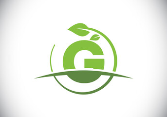 Initial G monogram alphabet with circle leaf and swoosh. Eco-friendly logo concept. Font emblem. Modern vector logo for ecological business and company identity