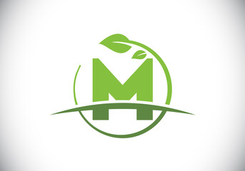 Initial M monogram alphabet with circle leaf and swoosh. Eco-friendly logo concept. Font emblem. Modern vector logo for ecological business and company identity