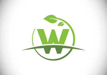 Initial W monogram alphabet with circle leaf and swoosh. Eco-friendly logo concept. Font emblem. Modern vector logo for ecological business and company identity
