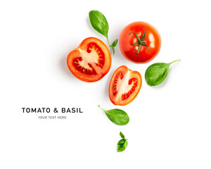 Tomato and basil leaves creative layout.