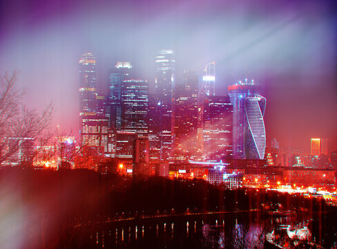 Neon retrowave Moscow city at night backdrop