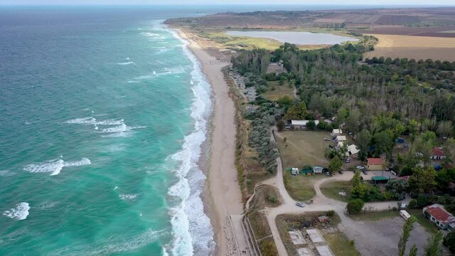 Aerial video of coastline of Shabla town on the Black Sea coast in Bulgaria, 4k