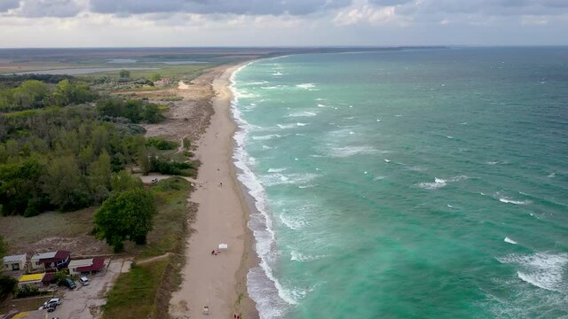 Drone aerial video of coastline of Shabla town on the Black Sea coast in Bulgaria, 4k