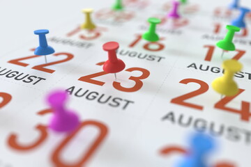 August 23 date and push pin on a calendar, 3D rendering