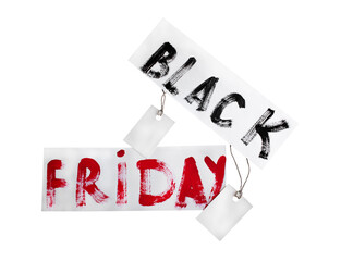 lettering "black friday" and blank price tags. Sale. On white background
