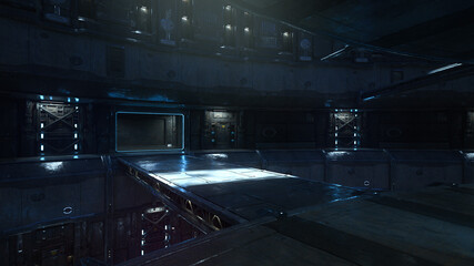 3D rendering of a dark moody futuristic science fiction concept space station environment.