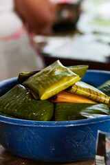 Documentary photography preparation of Oaxacan mole in Mexico, in a traditional way. Oaxacan tamales. Mexican food. Latin food. Spicy food.