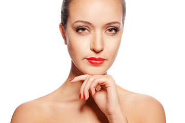 young woman with glamour make-up and red manicure