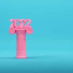 New year 2022 figures on ancient column on bright blue background in pastel colors. Minimalism concept