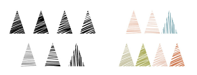 Christmas trees hand drawn set. Brush drawn vector illustration