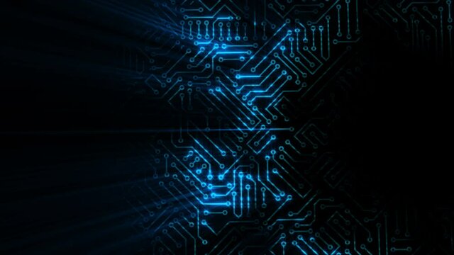 Electrical impulse travels through the circuits of the microcircuit. Background based on an energy wave in a computer circuit board. Looped
