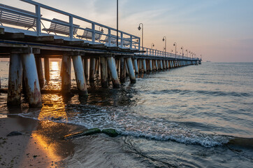 Baltic sea coast, morning view of pier at Gdynia Orlowa sea resort, Poland.