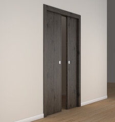 3d rendering of a double sliding door in darkened oak natural wood