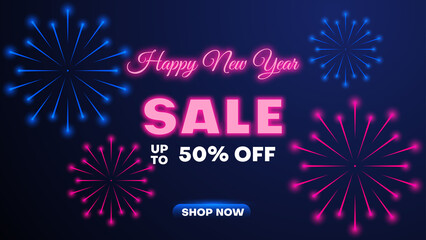 happy new year sale banner background with neon light and fireworks