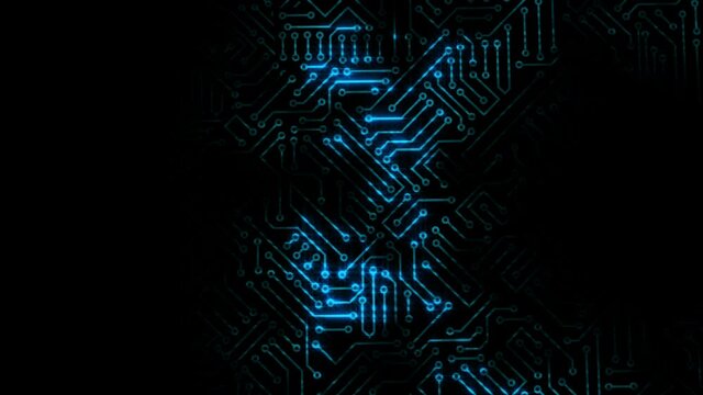 Electrical impulse travels through the circuits of the microcircuit. Background based on an energy wave in a computer circuit board. Looped
