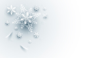 Christmas illustration with white 3d paper snowflakes on light blue background