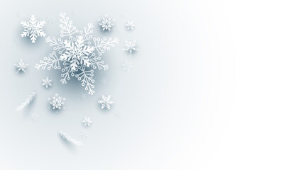 Fototapeta premium Christmas illustration with white 3d paper snowflakes on light blue background
