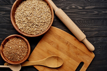 wooden kitchen items natural ingredients view from above