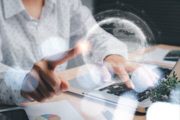 Global network concept, Businessman hand touching global network and data exchanges over the world 3D rendering.