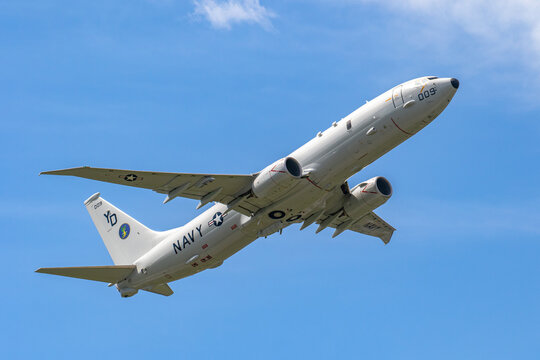 TOKYO, JAPAN - Sep 17, 2018: The P-8A Poseidon is the U.S. Navy's multi-mission maritime patrol and reconnaissance aircraft. Take off to Yokota Air Base
